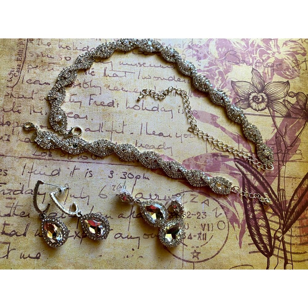 Set Of Faux Diamond Choker Bracelet And 2 Sets Pierced Earrings Costume Jewelry
